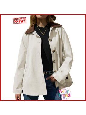 Women's Short Trench Coat Single Breasted Lapel Corduroy Trim Casual Jacket